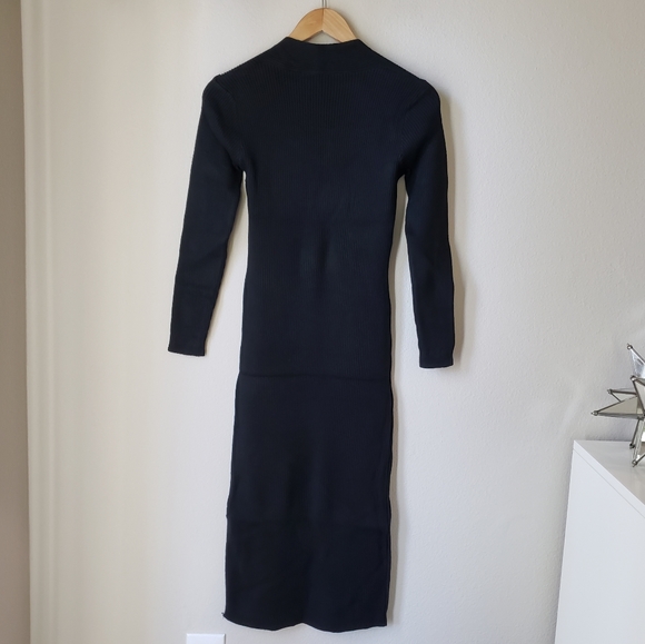 Square Neck Long Sleeve Ribbed Knit Side Slit Midi Dress - Picture 7 of 13